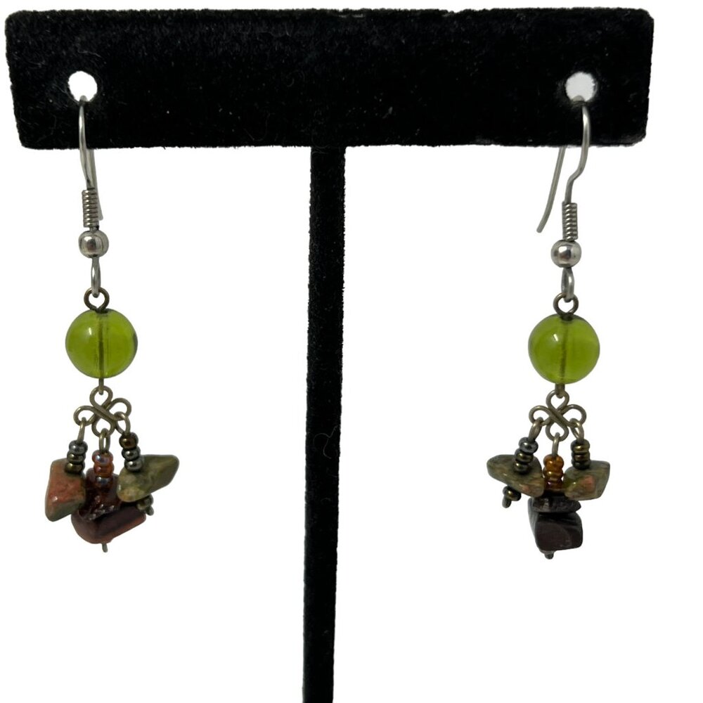 Agate Bead Earrings Brown Green Silver Tone‎ Drop Dangle